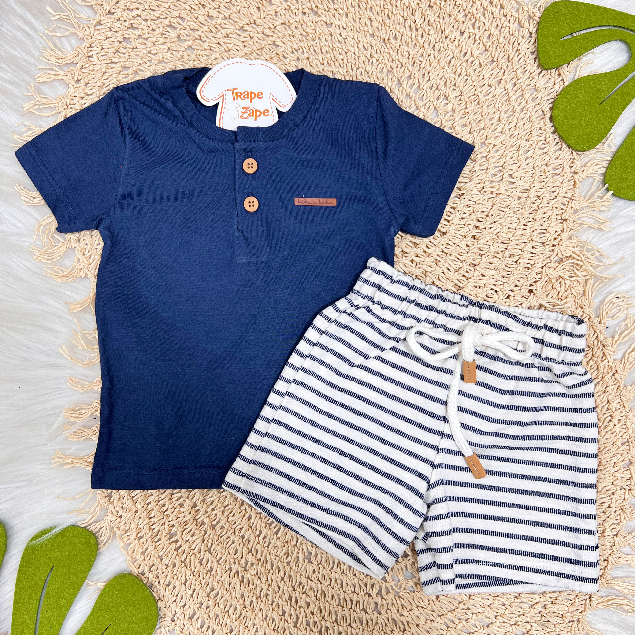 Conj. Camiseta com Botões e Bermuda Listrada - Marinho